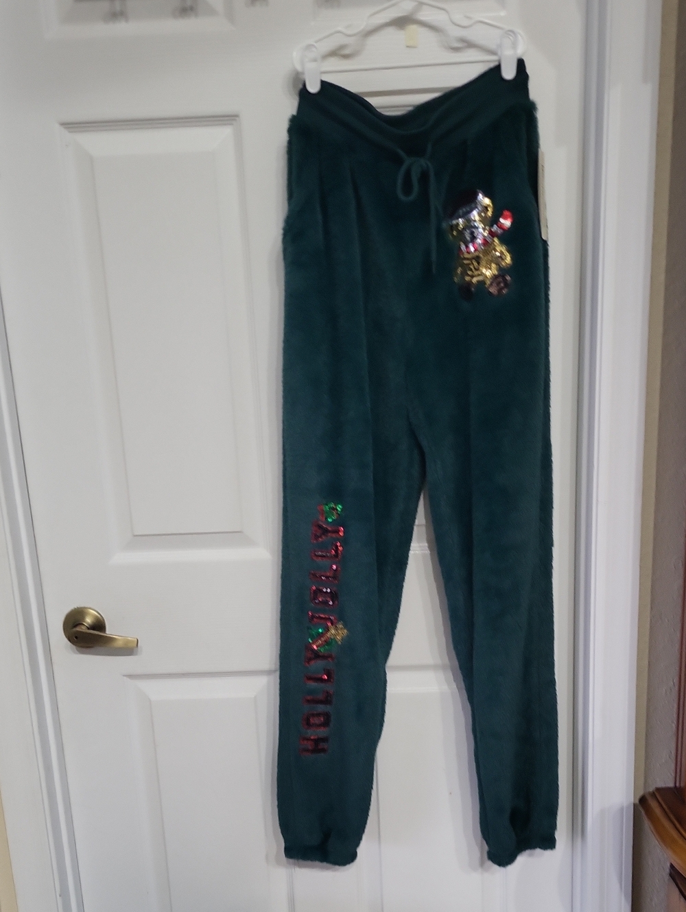 No Boundaries Teal Plush Joggers with Sequin Bear Accent